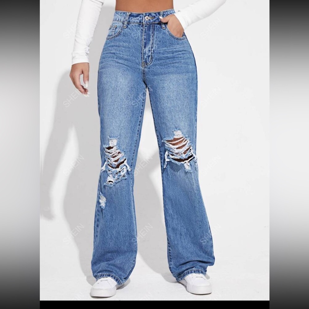 SHEIN xs baggy ripped jeans. Blue destroyed wide leg jeans